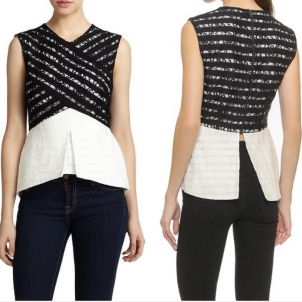 BCBGMaxAzria Vicki Tuxedo Blouse Lace Sleeveless Peplum Zip Back Black White XXS